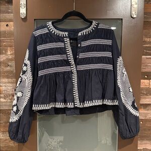 7 For All Mankind Embroidered Navy and White Cotton Jacket Size Small
